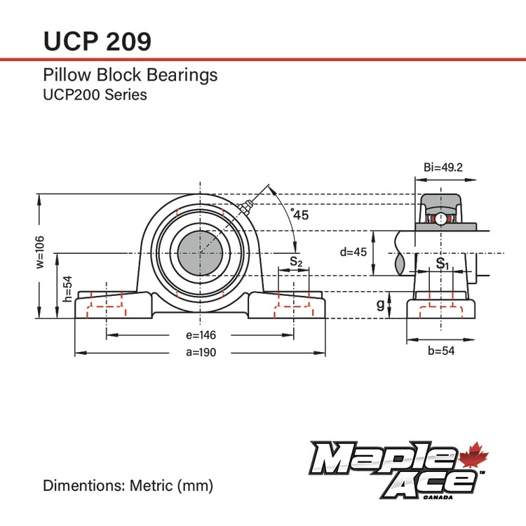 UCP209 Stålagerenhet 45mm 2-fästbultar