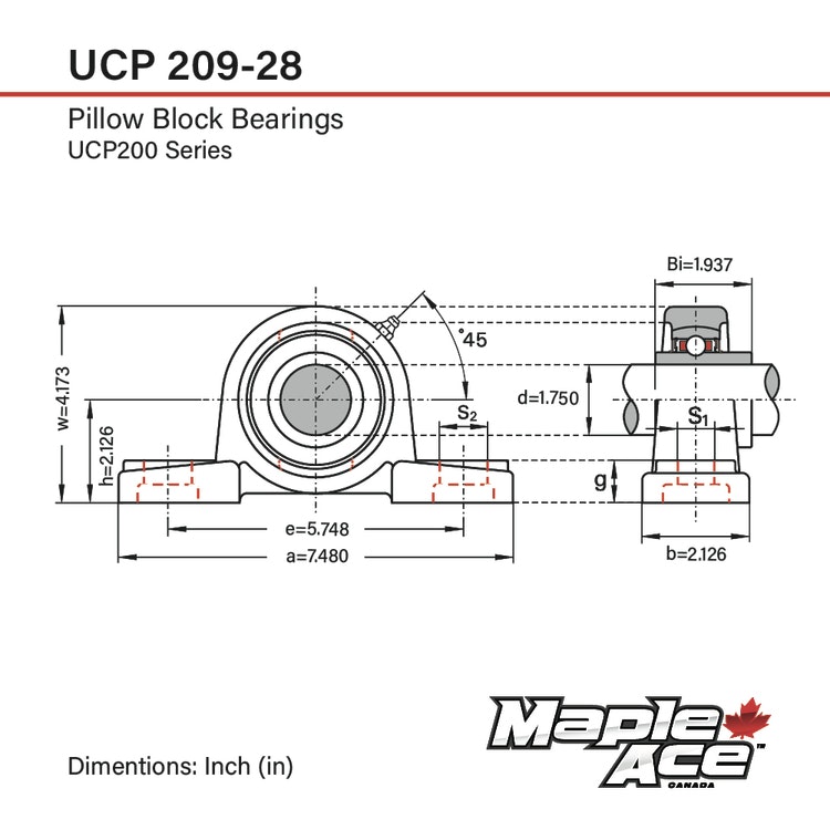 UCP209-28 Stålagerenhet 1-3/4" 2-fästbultar