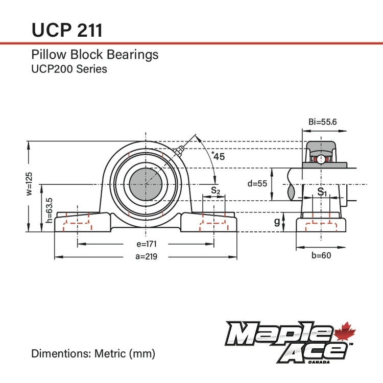 UCP211 Stålagerenhet 55mm 2-fästbultar