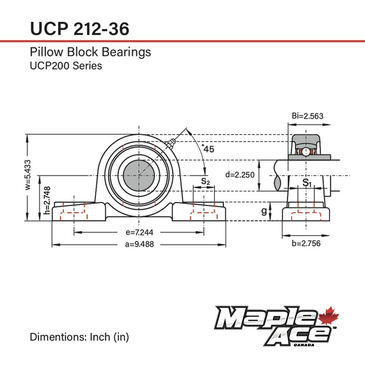 UCP212-36 Stålagerenhet 2-1/4" 2-fästbultar
