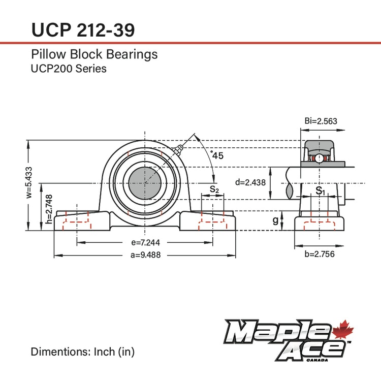 UCP212-39 Stålagerenhet 2-7/16" 2-fästbultar