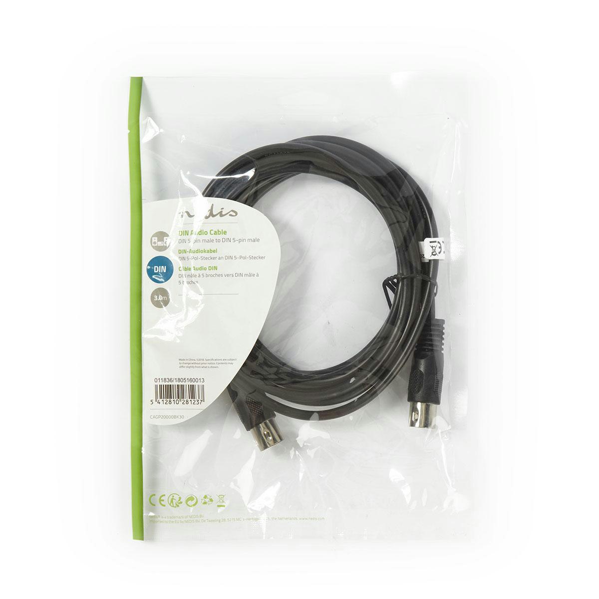 DIN Audio Cable DIN 5-Pin Male | DIN 5-Pin Male | Nickel Plated | 3.00 m |  Round | PVC | Black | Polybag - ITSHOP