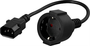 DELTACO jordet apparat/forlengningskabel for tilkobling mellom nettdel/kabel. Rett IEC 60320 C14 til rett CEE 7/4, maks 250V/10A, 0,2m, svart
