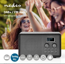 DAB + radio Bord design | DAB+ / FM | 1.3 " | Svart hvit skerm | Batteri drevet | Digitalt | 4.5 W | Vekkeklokke | Sort