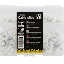 Kabelklips i plast med stålspiker, 4 størrelser, 230stk i en pakke
