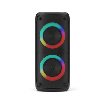 Trådløs Bluetooth-festhøyttaler med to innebygde subwoofere og LED-lyseffekter.