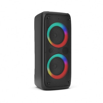 Trådløs Bluetooth-festhøyttaler med to innebygde subwoofere og LED-lyseffekter.