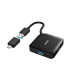 Hama USB Hub, 4 porter, USB 3.2 Gen 1, 5 Gbit/s, inkl. USB-C adapter.