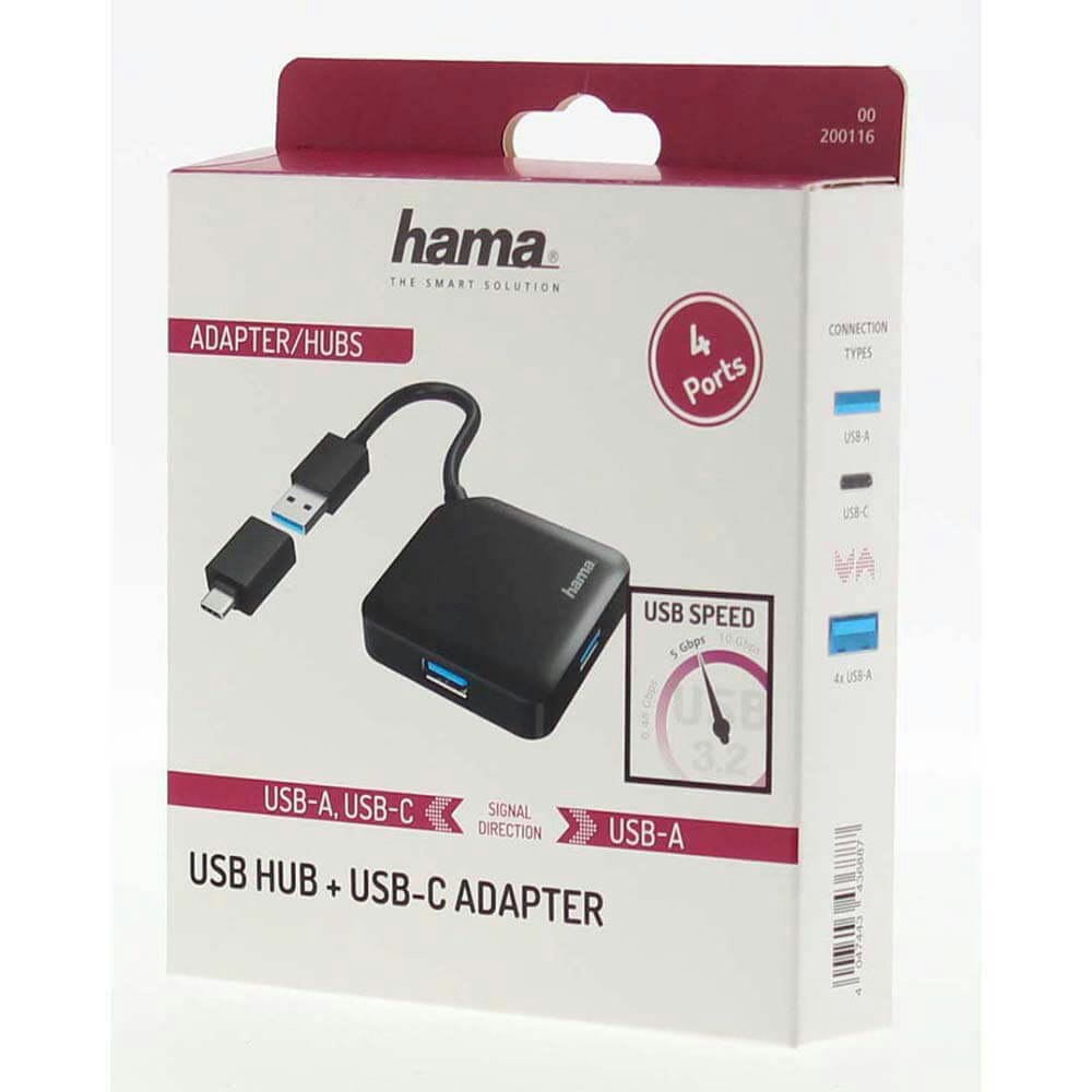 Hama USB Hub, 4 porter, USB 3.2 Gen 1, 5 Gbit/s, inkl. USB-C adapter.