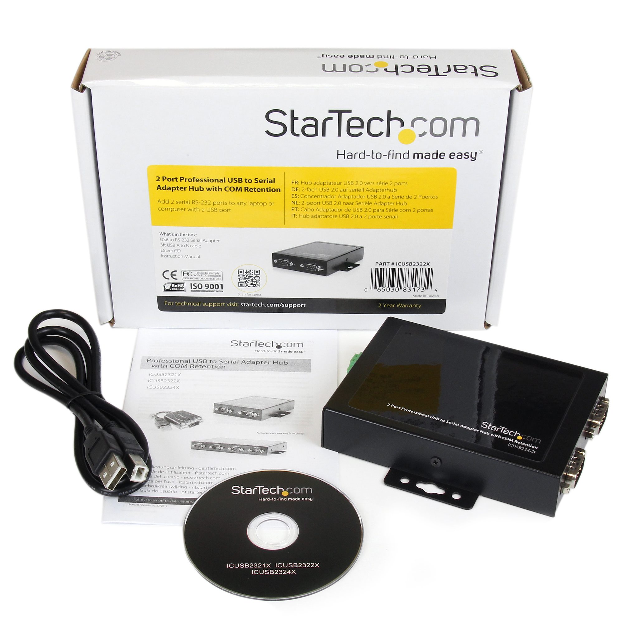 2 Port Wall Mountable USB to Serial Adapter Hub with COM Retention ICUSB2322X
