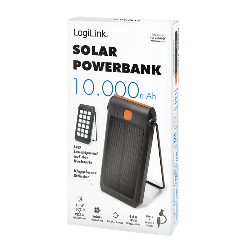 LOGILINK 10000mAh powerbank m/Solcelle med LED lommelykt - ITSHOP