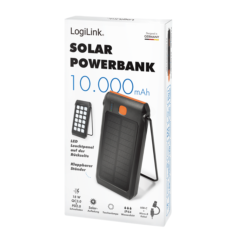 LOGILINK 10000mAh powerbank m/Solcelle med LED lommelykt