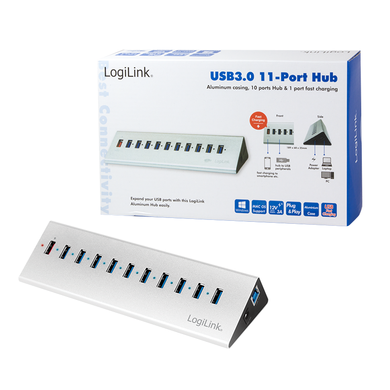 LOGILINK USB 3.0 hub 10-port + 1x Hurtigladding