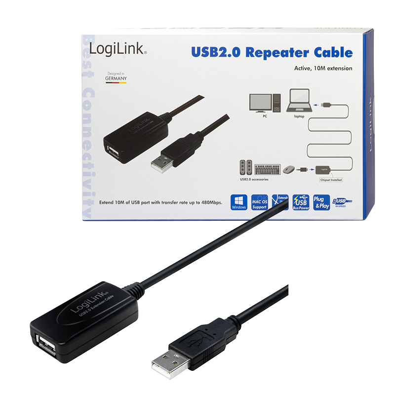 LOGILINK USB 2.0 Aktiv forlengelseskabel 10m Han-Hun