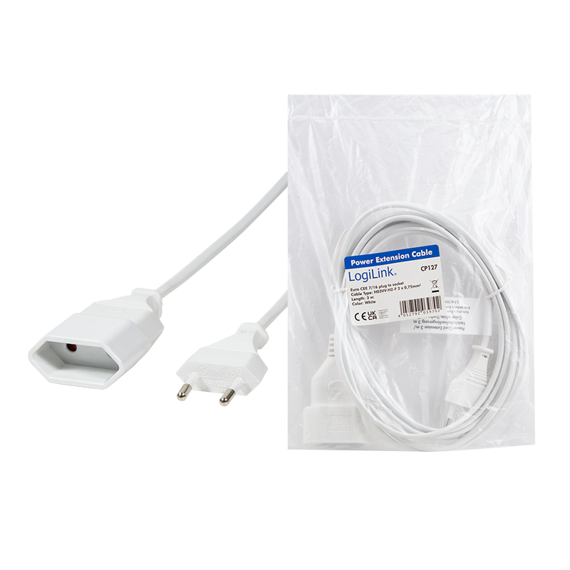 LOGILINK Power cable extension, CEE 7/16, white, 3 m