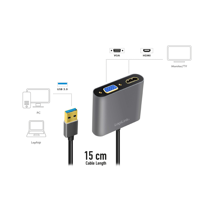 LOGILINK USB 3.0 til HDMI eller VGA 1080p, sort, 0.1 m