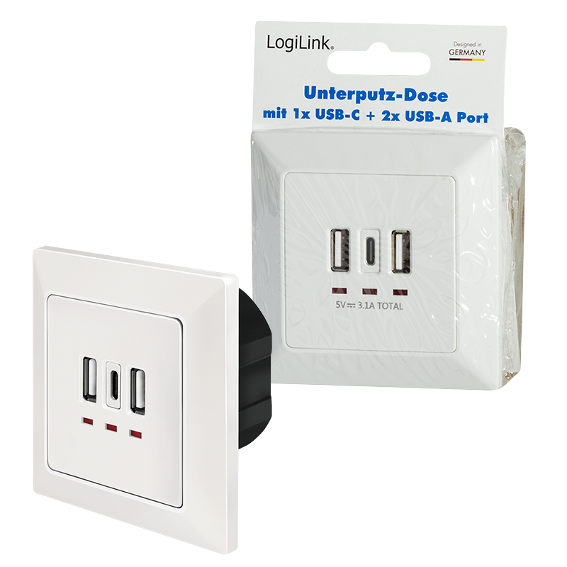 LOGILINK Innfelt Veggkontakt med 2x USB og 1x USB-C