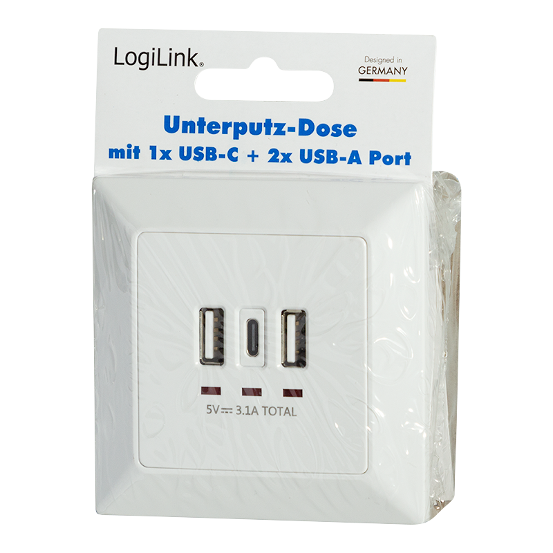LOGILINK Innfelt Veggkontakt med 2x USB og 1x USB-C