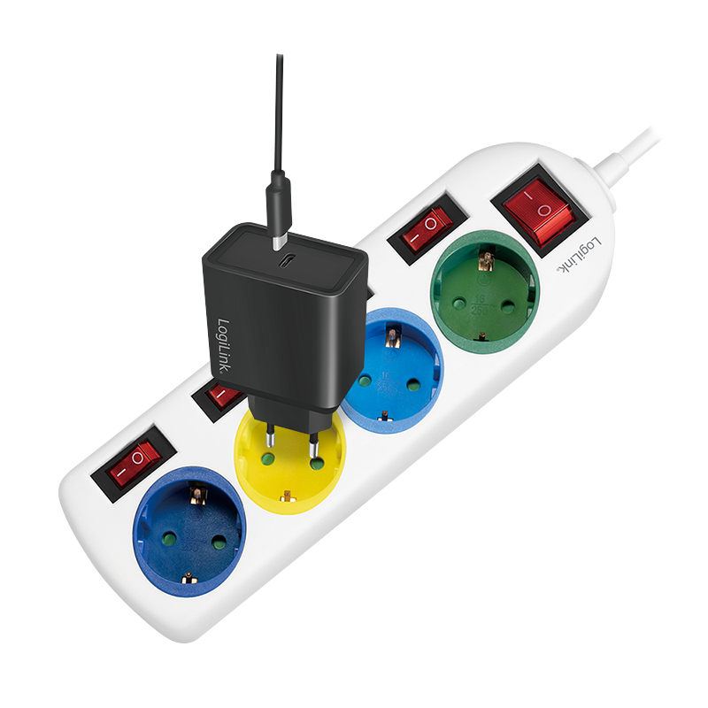 LOGILINK strømforgrener 4 uttak med ulike farger, 5 brytere, 1,5m