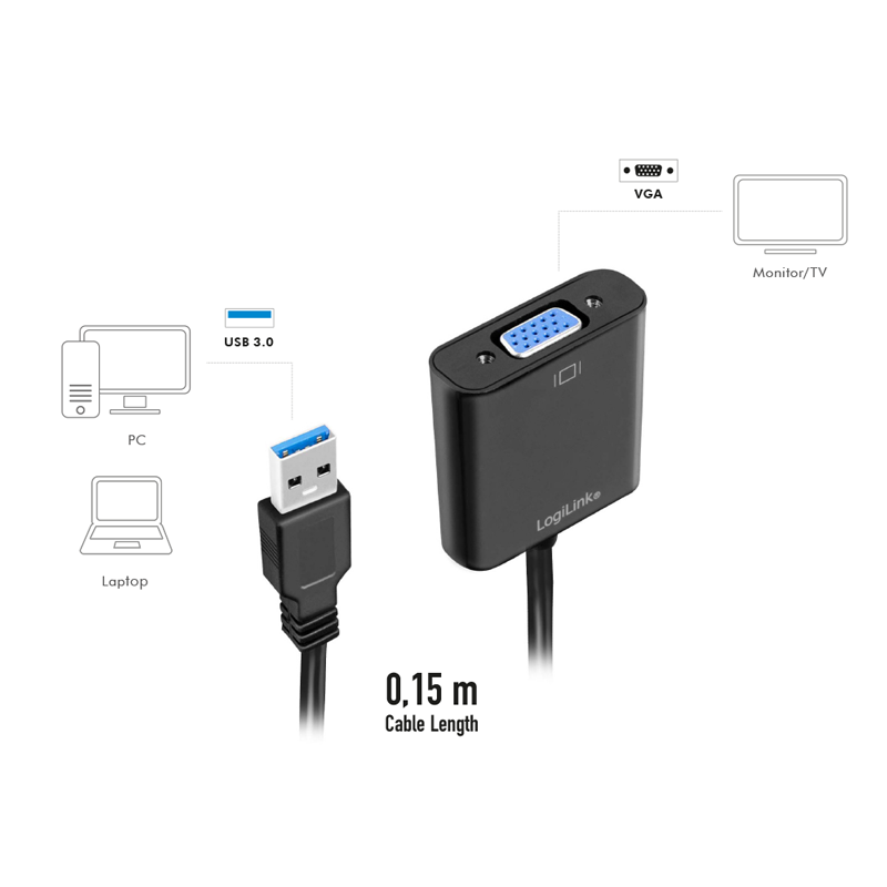 LOGILINK USB 3.0 han til VGA hun1080p, black, 0.15m