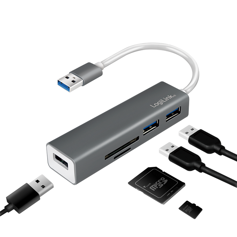 LOGILINK USB 3.0, 3-port hub med kortleser