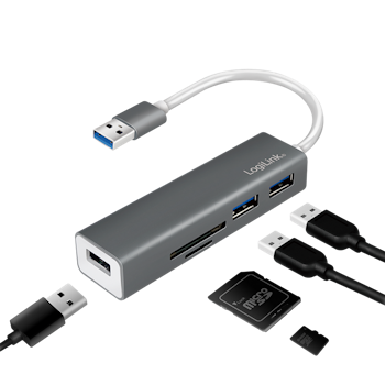 Loginink USB 3.0, 3-port hub med kortleser