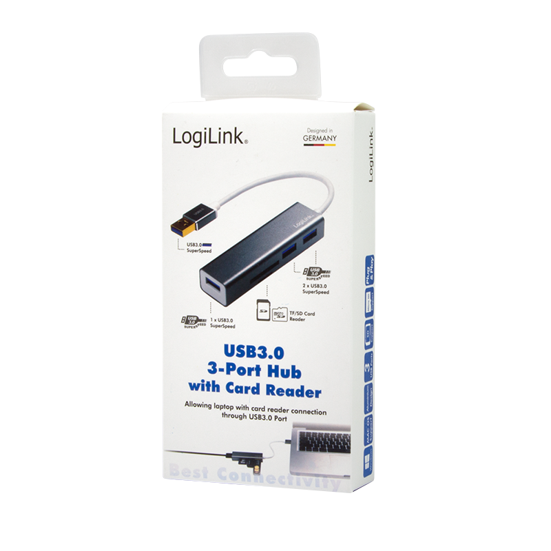 LOGILINK USB 3.0, 3-port hub med kortleser