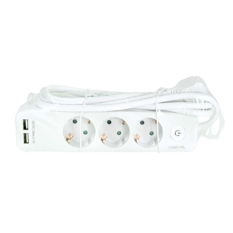 LOGILINK Grenuttak 3veis + bryter og 2x USB-A 1,5m, hvit