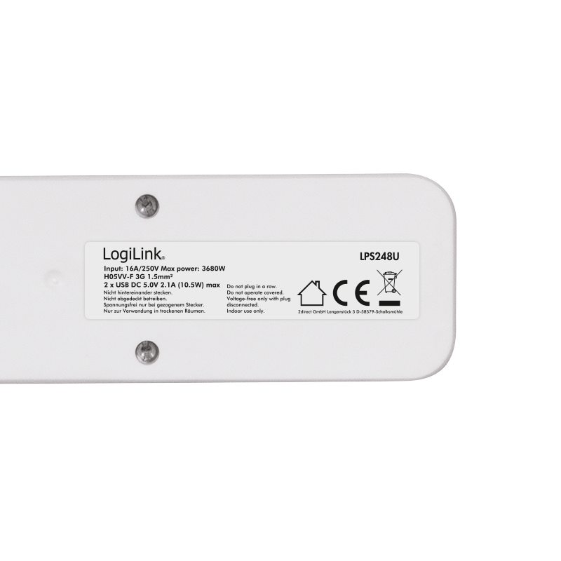 LOGILINK Grenuttak 3veis + bryter og 2x USB-A 1,5m, hvit