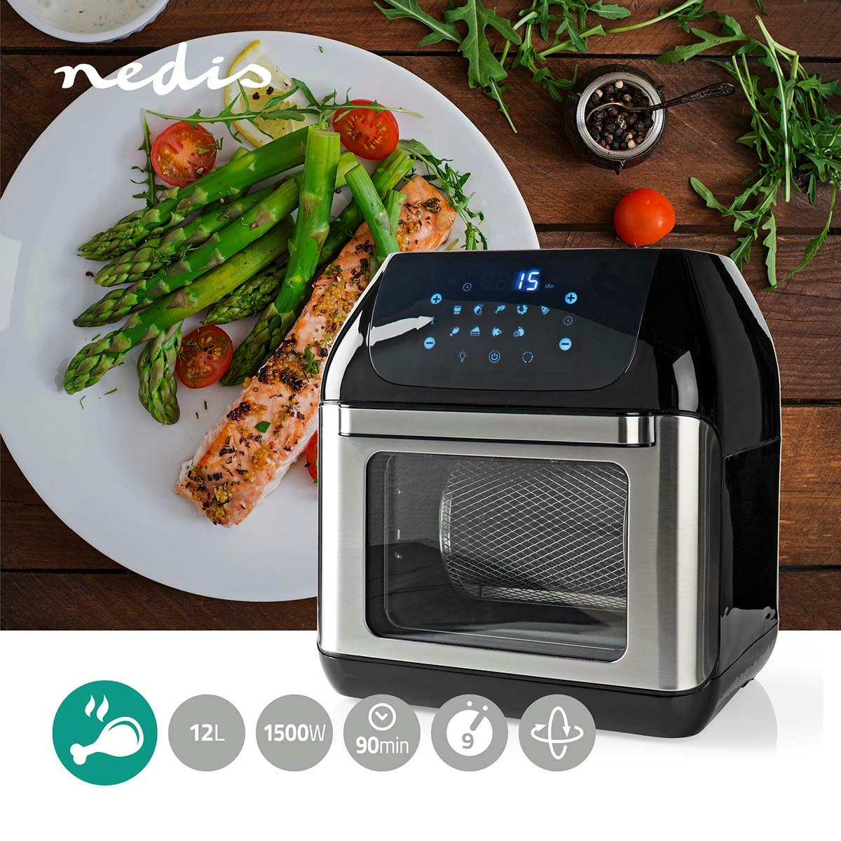 Nedis Airfryer 12 liter 1500W 9 i 1 luftfrityrovn