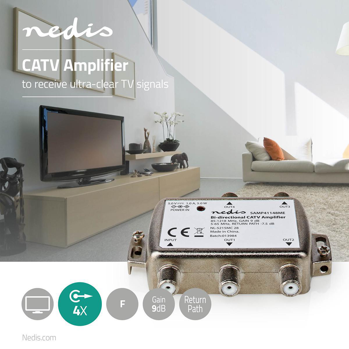 CATV forsterker 9 dB | 85 - 1218 MHz | Antall utganger 4