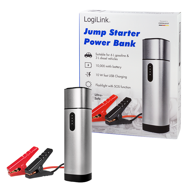 LOGILINK Powerbank 10000 mAh, 2x USB-A, car jump starter, lommelykt - ITSHOP