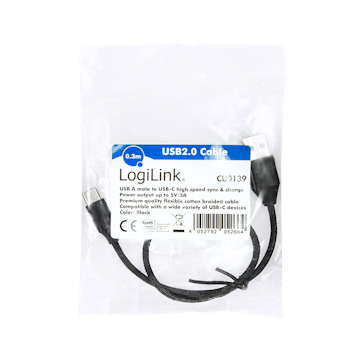 LOGILINK USB 2.0 USB-C kabel, C/M til USB-A/M, stoff, svart, 0,3 m