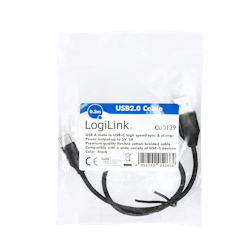 LOGILINK USB 2.0 Type-C-kabel, C/M til USB-A/M, stoff, svart, 0,3 m