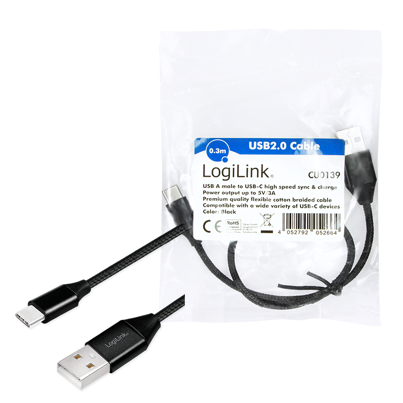 LOGILINK USB 2.0 Type-C-kabel, C/M til USB-A/M, stoff, svart, 0,3 m