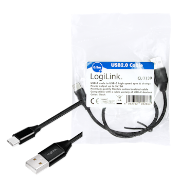 LOGILINK USB 2.0 USB-C kabel, C/M til USB-A/M, stoff, svart, 0,3 m
