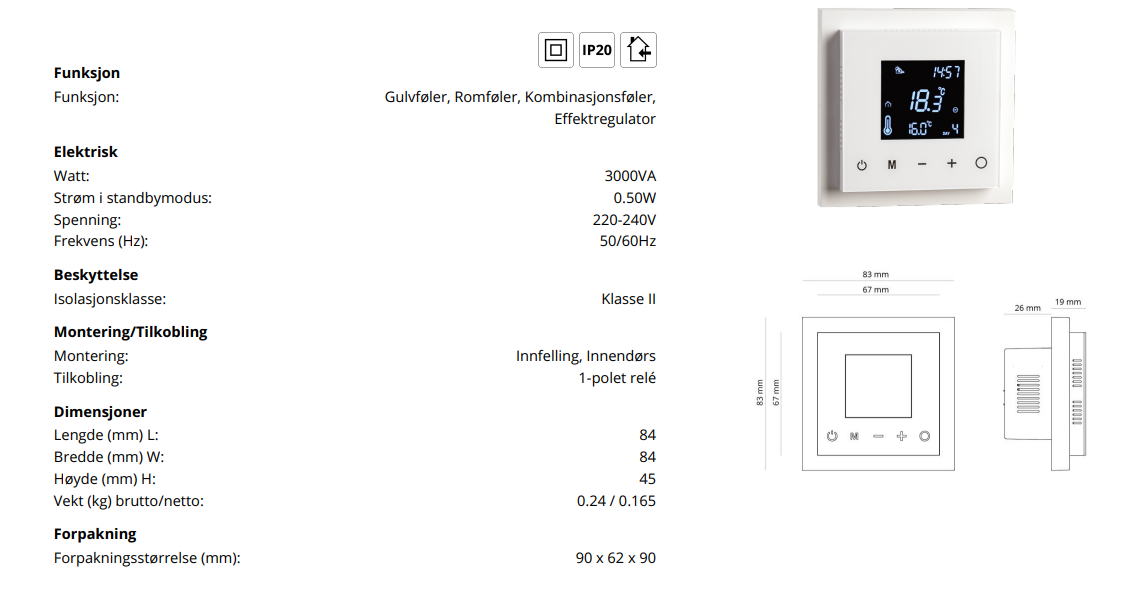 Varmekabel termostat opp til 3000W 13A / 1-POL