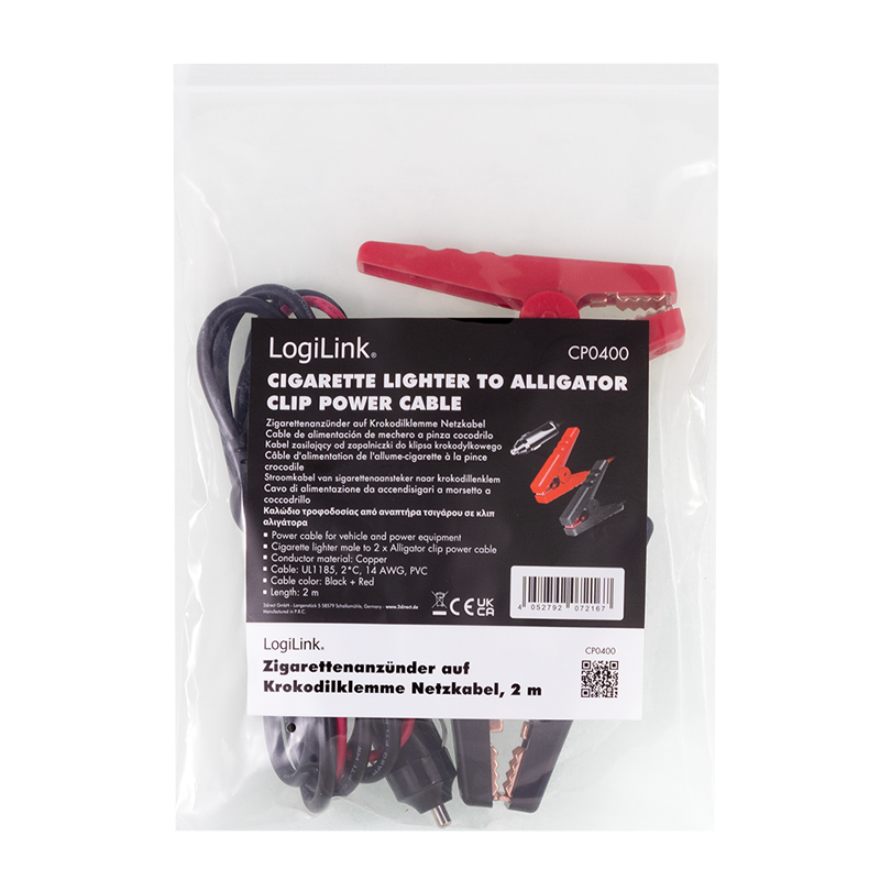 LOGILINK Strømadapterkabel, sigarettenner/M til krokodilleklemme, svart/rød, 2 m