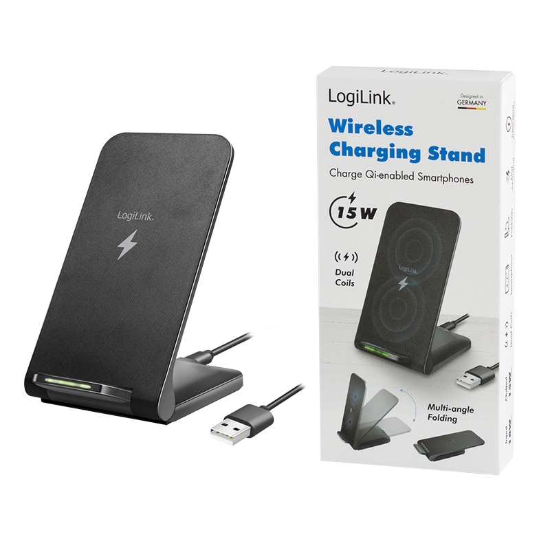 LOGILINK Smarttelefonstativ med trådløs ladefunksjon, 2 spoler, 15W, sort