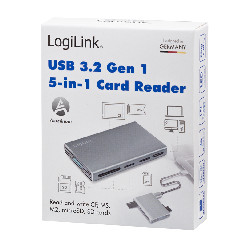 LOGILINK USB 3.2 Gen1, 5-i-1 kortleser (SD, microSD, MS, CF og M2), aluminium, sølv