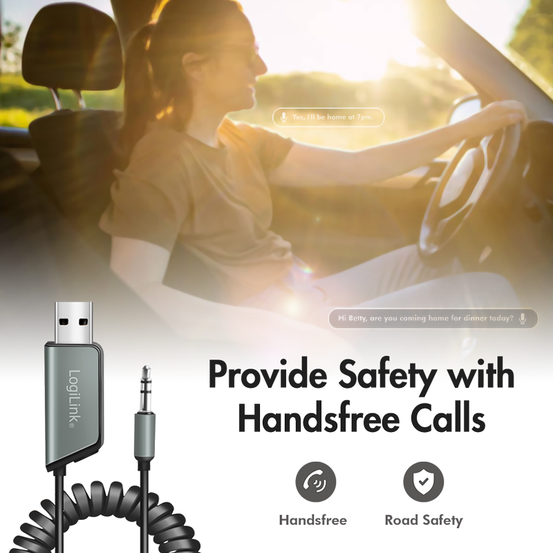 LOGILINK Bluetooth 5.3 lydmottaker for kjøretøy, 1x USB-A, 1x 3,5 mm Aux, svart