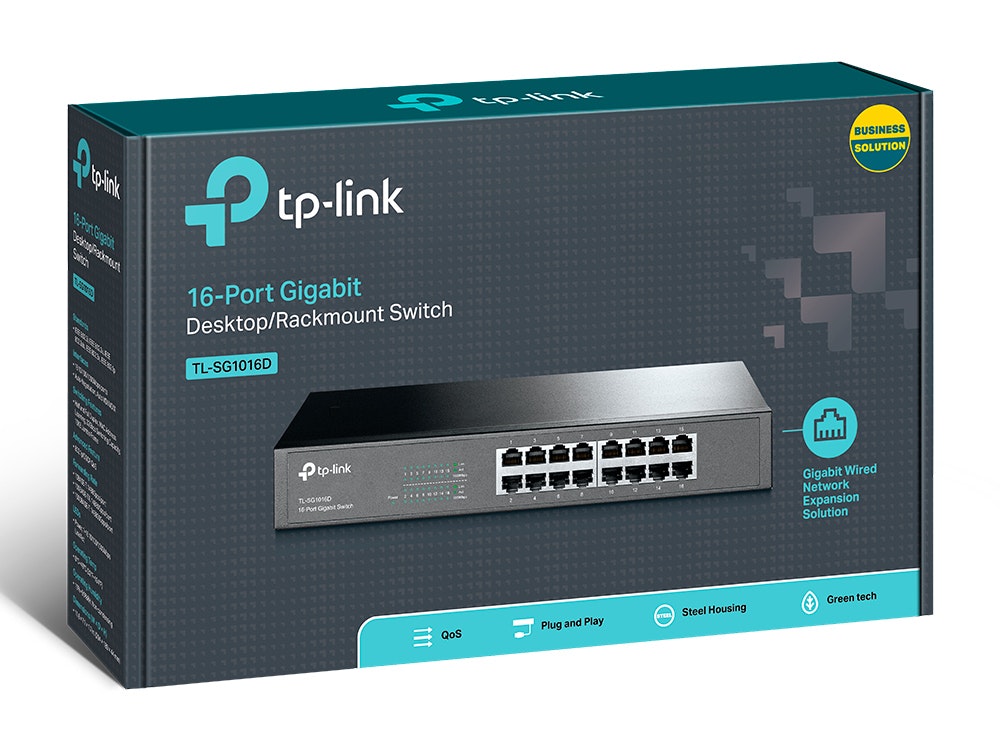TP-LINK 16port Gigabit Switch, unmanaged - med 19" rack kit