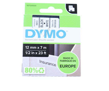 DYMO svart på hvit fargebånd 12mm 7meter D1-bånd