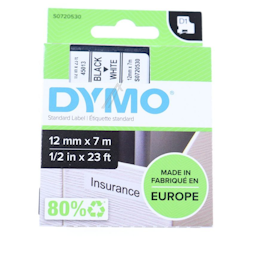 DYMO svart på hvit fargebånd 12mm 7meter D1-bånd