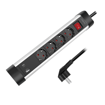 LOGILINK 4-veis strømskinne + bryter, 4x CEE 7/3, 1x USB-A, 1x USB-C