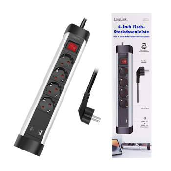 LOGILINK 4-veis strømskinne + bryter, 4x CEE 7/3, 1x USB-A, 1x USB-C