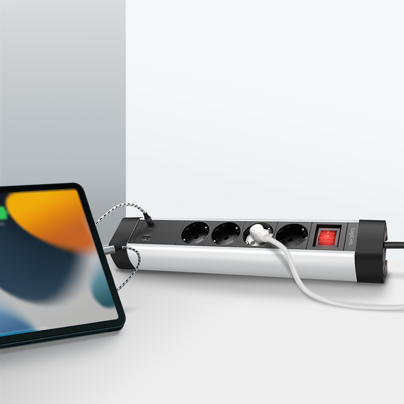 LOGILINK 4-veis strømskinne + bryter, 4x CEE 7/3, 1x USB-A, 1x USB-C