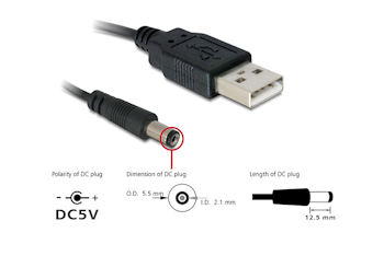 USB kabel til DC 5,5mm X 2,1mm han støpsel, 1m sort