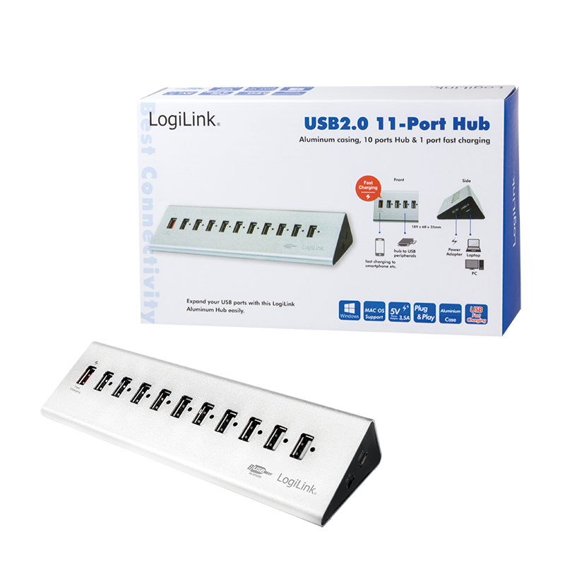 LOGILINK USB 2.0 høyhastighetshub 10 porter + 1x hurtigladeport