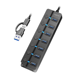 LOGILINK USB 3.2 Gen1 Hub, 7 porter, på/av-bryter, svart